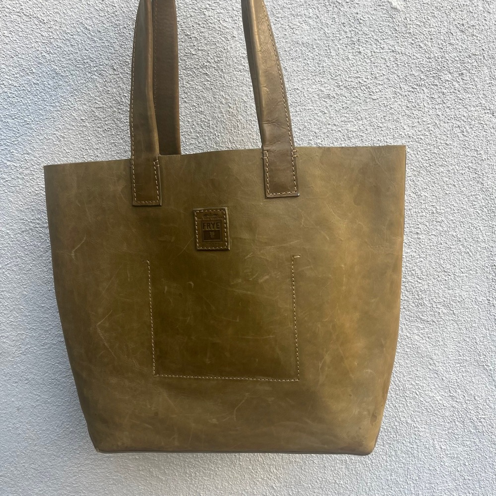 Frye Leather Tote‎ Olive Green Distressed Full Grain Shoulder Bag Purse Shopper